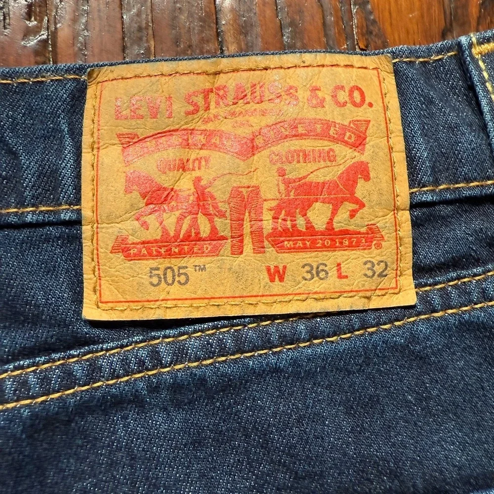 Levis 505 Jeans Mens 36x32 Blue Straight Leg Stretch Cowboy Biker -‎ EUC